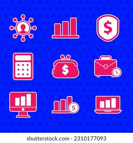 Set Wallet with dollar, Pie chart infographic and, Laptop, Briefcase money, Monitor, Calculator, Shield and Business network communication icon. Vector