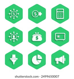 Set Wallet with dollar, Pie chart infographic, Megaphone, Safe, Sales funnel arrows, Business network and communication, Calculator and Dollar, share, icon. Vector