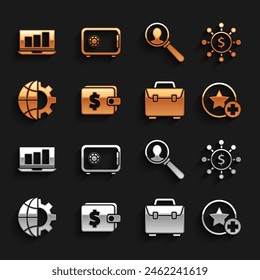 Set Wallet with dollar, Dollar, share, network, Star, Briefcase, Globe of the Earth and gear, Magnifying glass for search people, Laptop graph chart and Safe icon. Vector