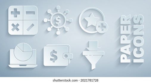 Set Wallet with dollar, Star, Laptop graph chart, Sales funnel arrows, Dollar, share, network and Calculator icon. Vector