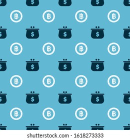 Set Wallet with dollar symbol and Cryptocurrency coin Bitcoin on seamless pattern. Vector