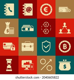 Fijar cartera con símbolo en dólares, moneda de criptografía Bitcoin, base de equipo del proyecto, Moneda en euros, Bloqueo de dinero, Bolsa de cálculo, Libreta de direcciones e icono de intercambio. Vector