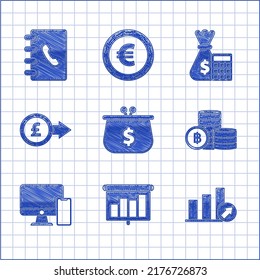 Set Wallet with with dollar symbol, infographic, pie graph, Cryptocurrency coin Bitcoin, Computer monitor and mobile phone, Coin money pound sterling, Calculator bag and Address book icon. Vector
