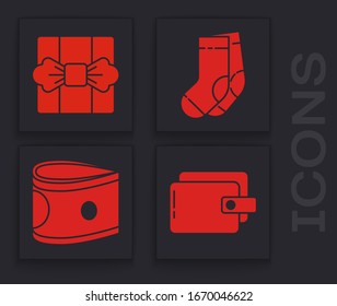 Set Wallet, Gift box, Socks and Stacks paper money cash icon. Vector