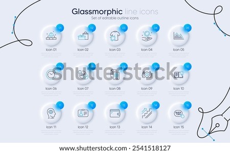 Set of Wallet, Gifts and Construction bricks line icons for web app. Product knowledge, Passport document, Quick tips icons. Employee hand, Statistics, Stairs signs. Investment graph. Vector