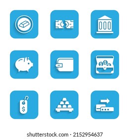 Set Wallet, barras de oro, terminal Pos, cofre Treasure, etiqueta Price con dólar, banco Piggy, edificio del banco e icono. Vector