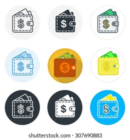 Set of wallet icons in different styles isolated on white background.