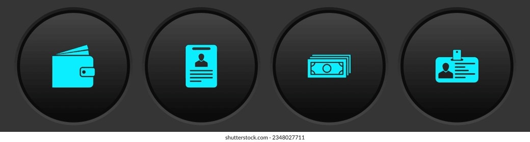 Fijar cartera, insignia de identificación, pila dinero de papel en efectivo e icono. Vector