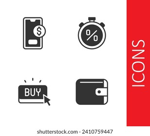 Set Wallet, Mobile with dollar, Buy button and Stopwatch percent discount icon. Vector