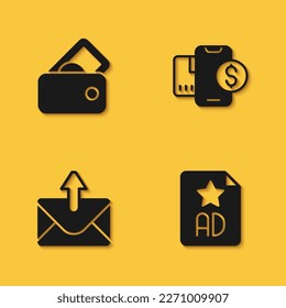 Set Wallet with money, Advertising, Mail and e-mail and Mobile dollar icon with long shadow. Vector