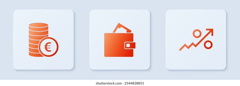 Set Wallet with money, Coin euro symbol and Percent up arrow. White square button. Vector