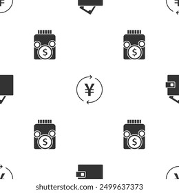 Set Wallet with money, Coin Yen and Glass jar coin on seamless pattern. Vector