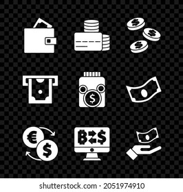 Set Wallet with money, Credit card, Coin dollar, Money exchange, Cryptocurrency, Hand holding, ATM and Glass jar coin icon. Vector