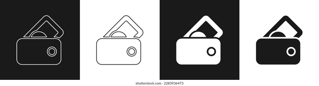 Set Wallet with money icon isolated on black and white background. Purse icon. Cash savings symbol.  Vector