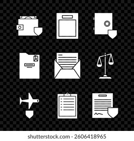 Set Wallet and money with shield, Empty form, Safe, Plane, Clipboard checklist, Contract, Personal folder and Mail e-mail icon. Vector