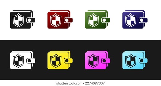 Establece la cartera y el dinero con el icono de escudo aislado en fondo blanco y negro. Concepto de seguro. Seguridad, seguridad, protección, concepto de protección.  Vector