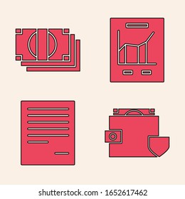 Set Wallet and money with shield, Stacks paper money cash, Document with graph chart and Document icon. Vector