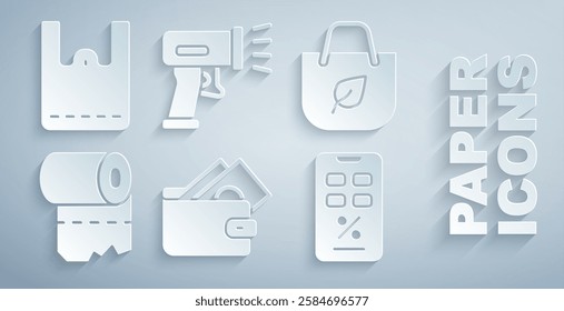 Set Wallet with money, Shopping bag recycle, Toilet paper roll, Percent discount and mobile, Scanner scanning bar code and Paper shopping icon. Vector