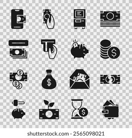 Set Wallet with money, Tearing banknote, Coin dollar, ATM, Credit card inserted, and, Mobile banking and Piggy coin icon. Vector