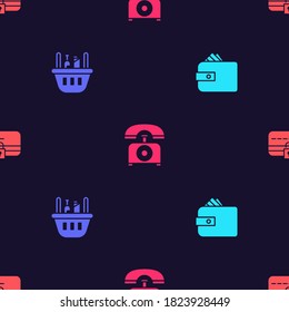 Set Wallet with paper money cash, Shopping basket and food, Telephone and Credit card lock on seamless pattern. Vector.