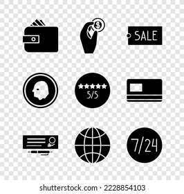 Set Wallet with paper money cash, Hand holding coin, Price tag text Sale, Bank check pen, Worldwide, Clock 24 hours, Coin and Consumer customer product rating icon. Vector