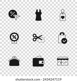 Set Wallet, Paper shopping bag, Market store, Scissors cuts discount coupon, Heart tag, Discount percent, Woman dress and  icon. Vector