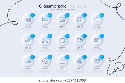 Set of Wallet, Payment method and Trade chart line icons for web app. Phishing, Card, Loan house icons. Discounts ribbon, Loan percent, Job signs. Payment protection, Shop cart. Vector