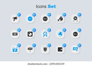 Fijar cartera, gráfico circular infográfico, reloj 24 horas, etiqueta Porcentaje de descuento, dinero con escudo, precio nuevo, megáfono e icono de Medalla. Vector