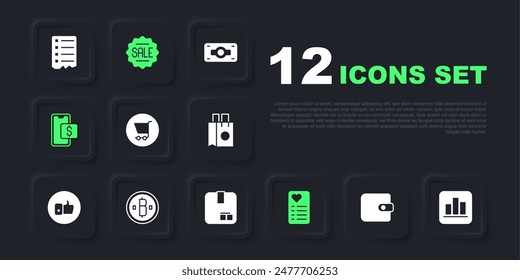 Set Wallet, Pie chart infographic, Shopping cart, list, Mobile shopping, Cryptocurrency coin Bitcoin, Price tag with Sale and Carton cardboard box icon. Vector