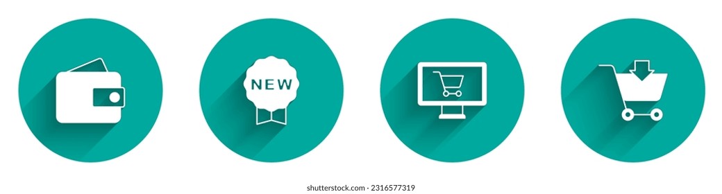 Set Wallet, Price tag with New, Shopping cart on monitor and Add icon with long shadow. Vector