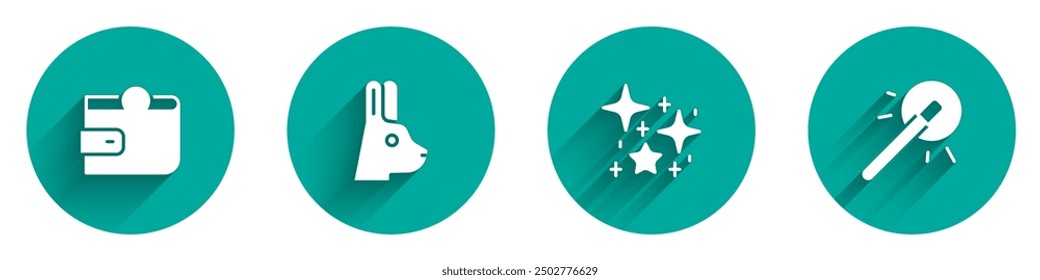 Set Wallet, Rabbit with ears, Magical glitter particles and wand icon with long shadow. Vector