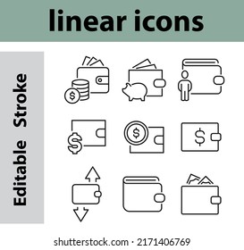 Set von Vektorgrafik-Symbolen für die digitale Brieftasche. Enthält Symbole wie Top-up oder Inkassofonds, Geldbörse, Geldüberweisung, Zahlung und mehr. Bearbeitbarer Stroke. Pixel perfekt.