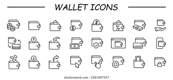 Set of Wallet related vector line Icons. Contains such Icons as Top up or withdraw funds, money transfer, payment, security and more. 