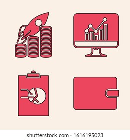 Set Wallet, Rocket flying up on coins growth chart, Computer monitor with graph chart and Clipboard with graph chart icon. Vector