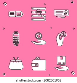 Set Wallet, Search in browser window, Bank check and pen, POS terminal with credit card, Hand holding coin money,  and paper cash icon. Vector
