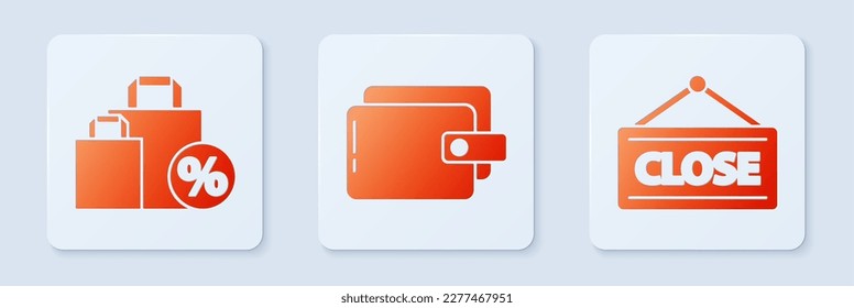 Fijar cartera, bolsa de compras con descuento y señal de colgar con Cerrado. Botón cuadrado blanco. Vector