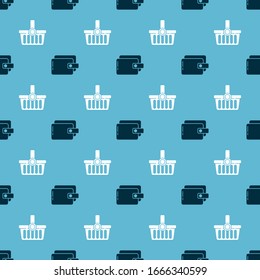 Set Wallet and Shopping basket on seamless pattern. Vector