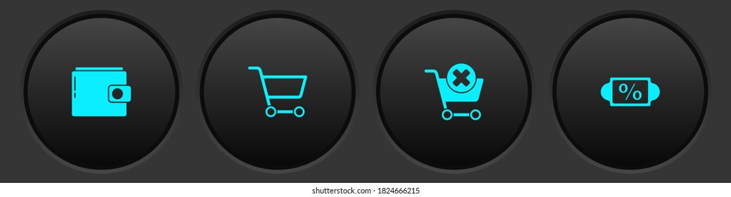 Set Wallet, Shopping cart, Remove shopping and Discount percent tag icon. Vector.