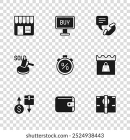 Set Wallet, Shopping day, Stacks paper money cash, Stopwatch percent discount, Telephone 24 hours support, Market store, Buy button and Auction hammer icon. Vector