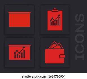 Set Wallet with stacks paper money cash, Chalkboard, Clipboard with graph chart and Board with graph chart icon. Vector