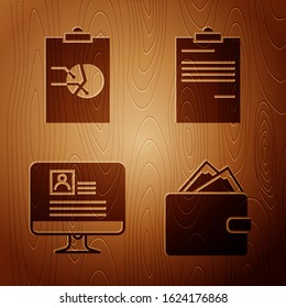 Set Wallet with stacks paper money cash, Clipboard with graph chart, Computer monitor with resume and Document on wooden background. Vector