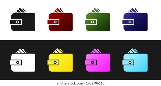 Set Wallet with stacks paper money cash icon isolated on black and white background. Purse icon. Cash savings symbol. Vector Illustration