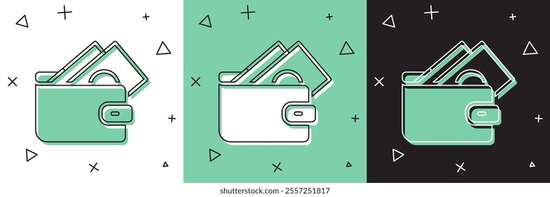 Set Wallet with stacks paper money cash icon isolated on white and green, black background. Purse icon. Cash savings symbol.  Vector