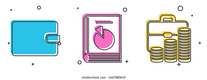 Set Wallet, User manual and Briefcase and coin icon. Vector