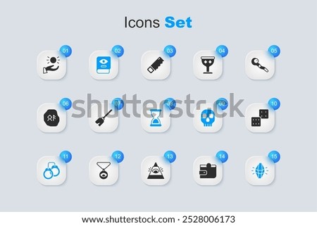 Set Wallet, Witches broom, Ancient magic book, Handcuffs, Magic stone, Game dice, Ball levitating above hand and Old hourglass icon. Vector