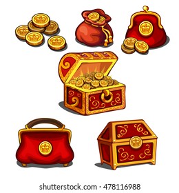 Set of wallets, bags and a chest full of gold coins. Vector illustration.