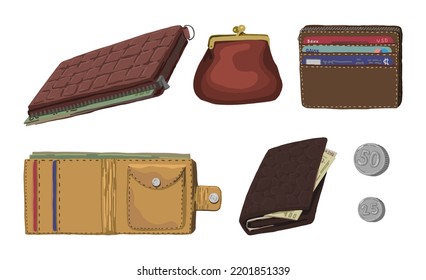 Set of wallets. Flat vector illustrations of purses, pocket holder for money and plastic cards. Cartoon cliparts isolated on white background.