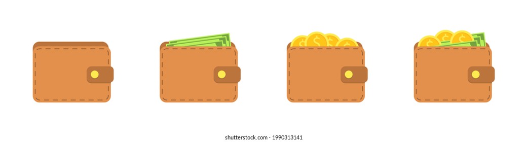 Set of wallets isolated on a white background. Wallets with and without money. Finance or payment concept. Vector illustration
