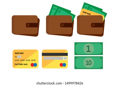 Set of Wallets or Purse with cash and credit card. Business and finance symbol. Vector illustration in cartoon style. Isolated on white background