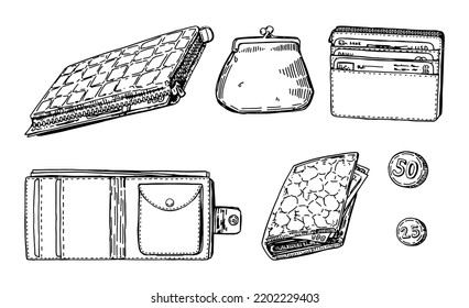 Set of wallets sketches. Hand drawn vector illustrations of purses, pocket holder for money and plastic cards. Outline cliparts isolated on white background.